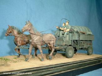 1/35 allemand HF7 chariot de campagne en acier tiré par des chevaux avec 2  chevaux et 2 figurines 