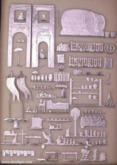 Assortment of accessories for flat pewter figures 